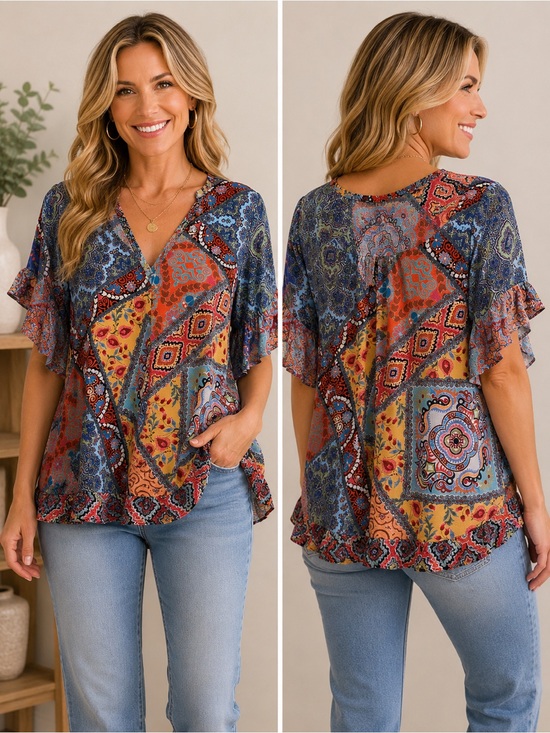 Umgee Tops - Umgee‎ Multicolor Boho Patchwork V-Neck Blouse